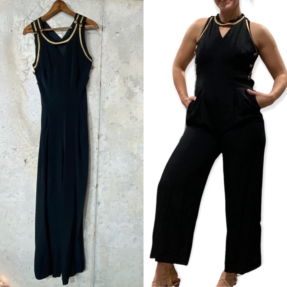 Vintage 80s casual corner metallic gold black pants jumpsuit open back small 6
